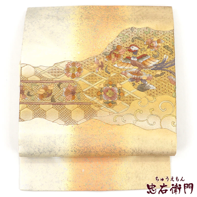 中古】 名古屋帯 正絹 九寸帯 お太鼓柄 ベージュ 鳳凰 道長取り 上品