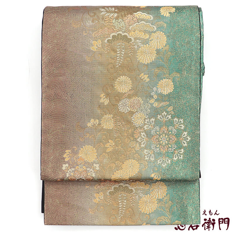 【中古】 袋帯 フォーマル 振袖向き 練習正絹 六通柄 金 緑 松 波文 菊唐草 長さ441cm 幅31cm リサイクル 和装 礼装 フォーマル 着物 仕立て上がりリサイクル帯 即日発送