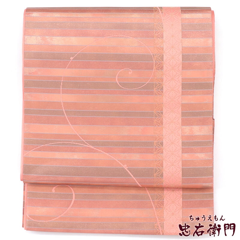 【中古】 袋帯 フォーマル 正絹 六通柄 ピンク 箔地 横段 麻の葉 唐草 長さ428cm 幅31cm リサイクル 和装 礼装 フォーマル 着物 仕立て上がりリサイクル帯 即日発送