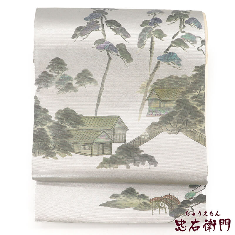 中古】 袋帯 フォーマル 正絹 お太鼓柄 白銀 箔地 風景 螺鈿 長さ444cm