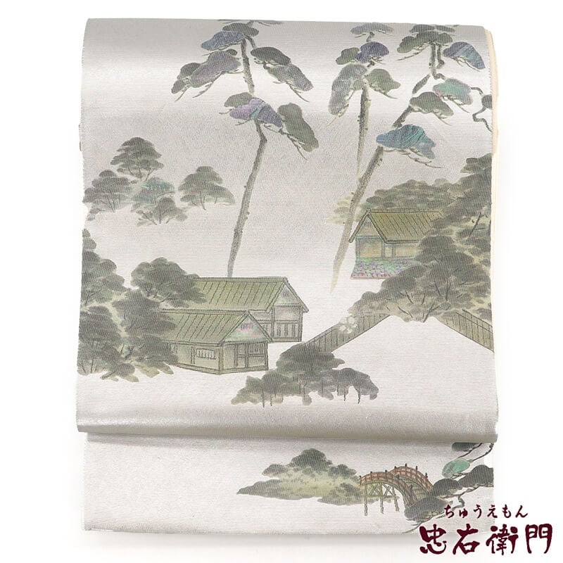 【中古】 袋帯 フォーマル 正絹 お太鼓柄 白銀 箔地 風景 螺鈿 長さ444cm 幅31cm リサイクル 和装 礼装 フォーマル 着物 仕立て上がりリサイクル帯 即日発送