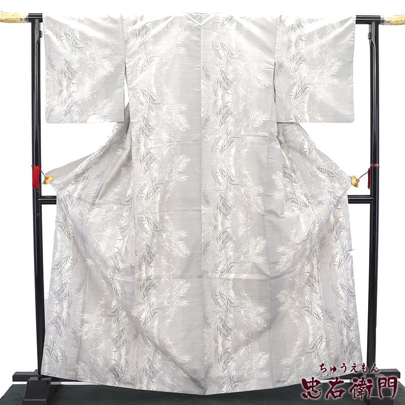 中古】 白大島紬 大島紬 袷 レディース 正絹 グレー 植物柄 身丈