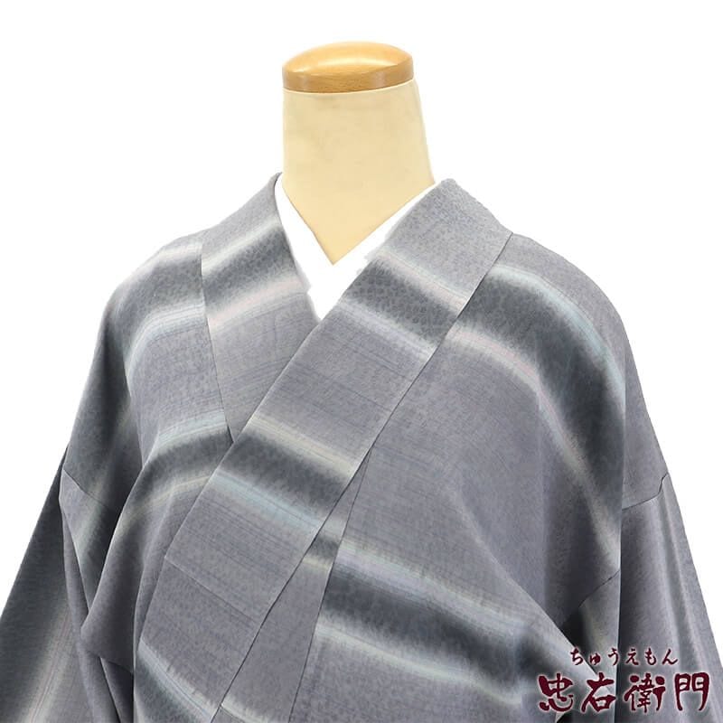 ◯C327正絹　単衣　長襦袢　墨流し　小松ちりめん　半衿付　未使用しつけ付極美品 中古】 小紋 袷 レディース 正絹 グレー 横段 身丈154cm 裄丈