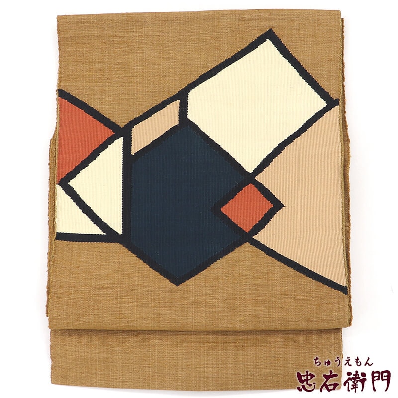 中古】 名古屋帯 正絹 八寸帯 お太鼓柄 薄茶 紬 抽象柄 長さ