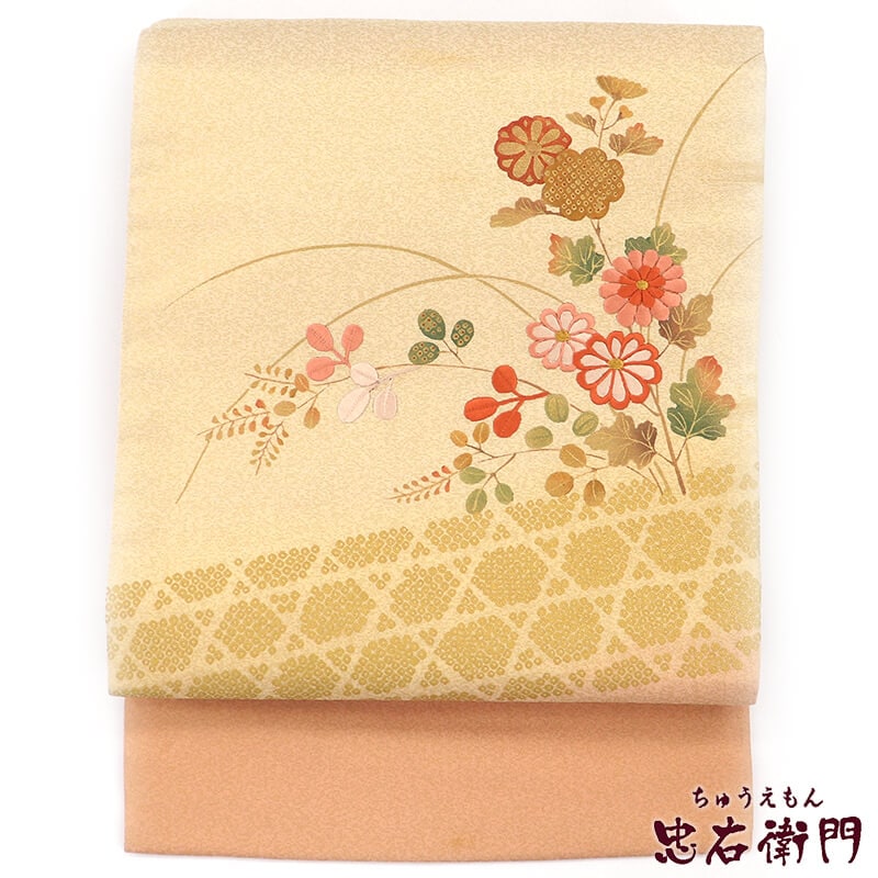 中古】 名古屋帯 なごや帯 正絹 九寸帯 お太鼓柄 ベージュ 刺繍