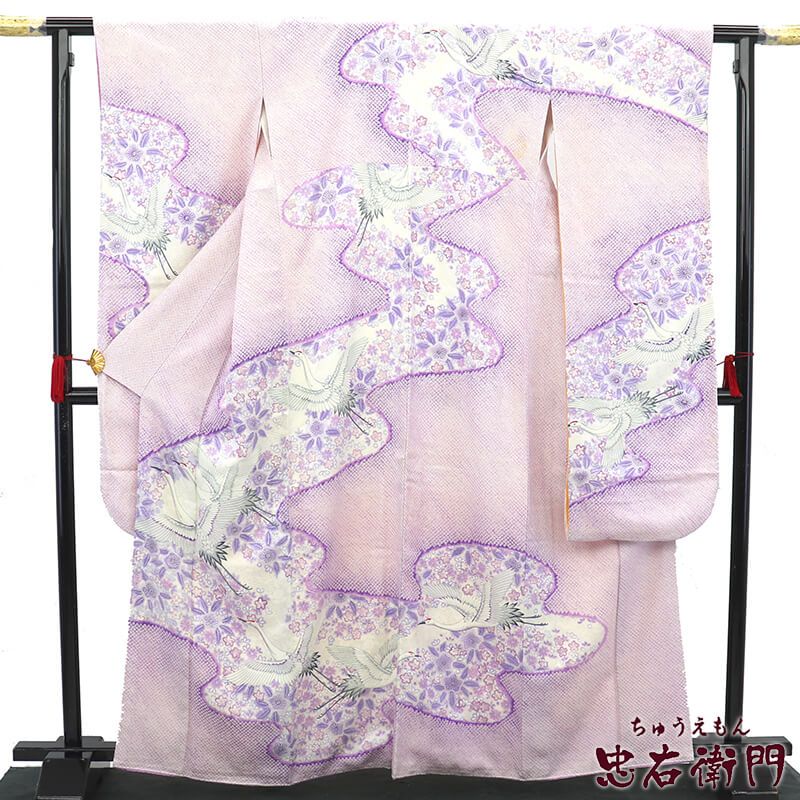 22454 【専用】振袖と長襦袢　2点セット　総絞り　フルセット可【即発送】 中古】 絞り振袖 長襦袢 2点 セット 正絹 成人式 購入 紫 絞り 鶴 身丈