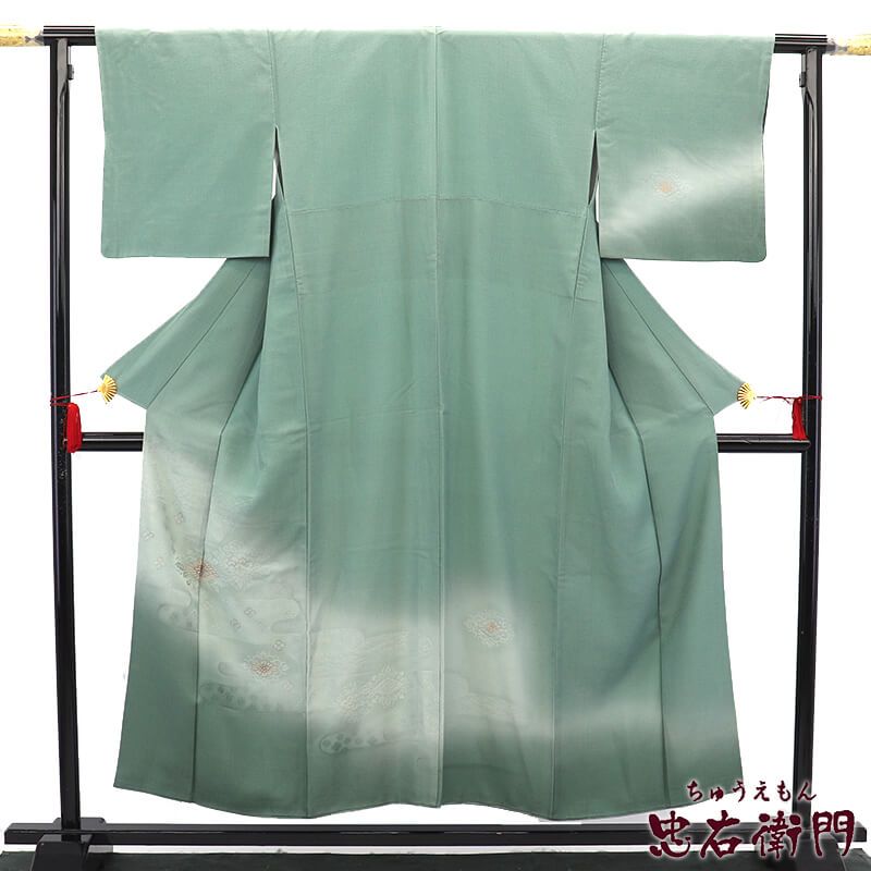 中古】 付下げ 袷 レディース 正絹 緑 華文 エ霞 身丈155.5cm 裄丈65cm