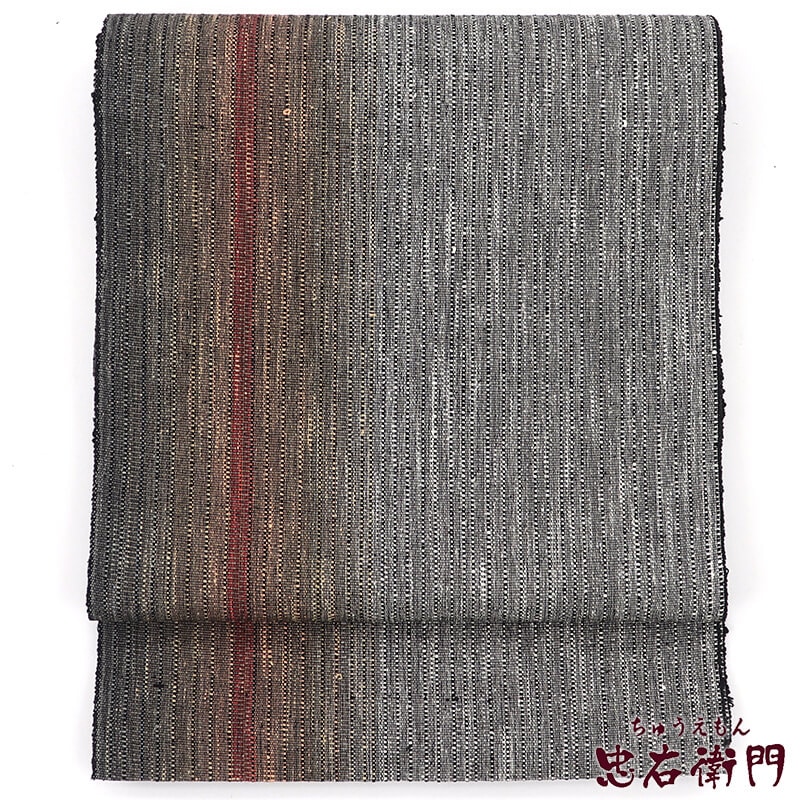 中古】 名古屋帯 正絹 八寸帯 全通柄 グレー 縞 素朴 長さ376cm 幅31cm