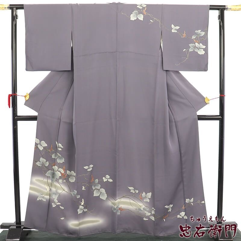 中古】 訪問着 袷 レディース 正絹 灰紫 蔦 刺繍 シック 身丈165cm 裄