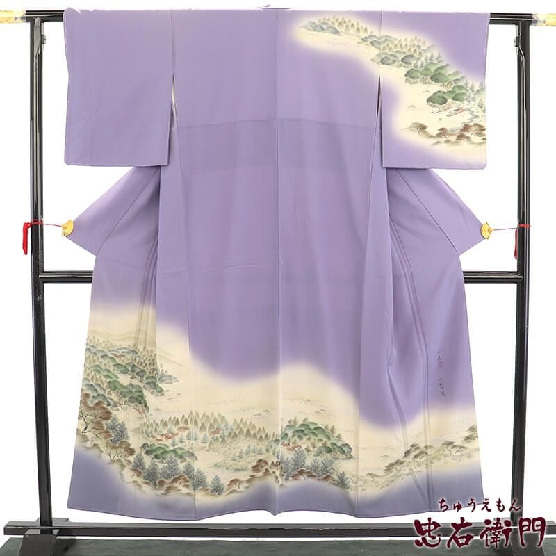 中古】 訪問着 袷 レディース 正絹 薄紫 十和田湖 風景柄 落款 身丈