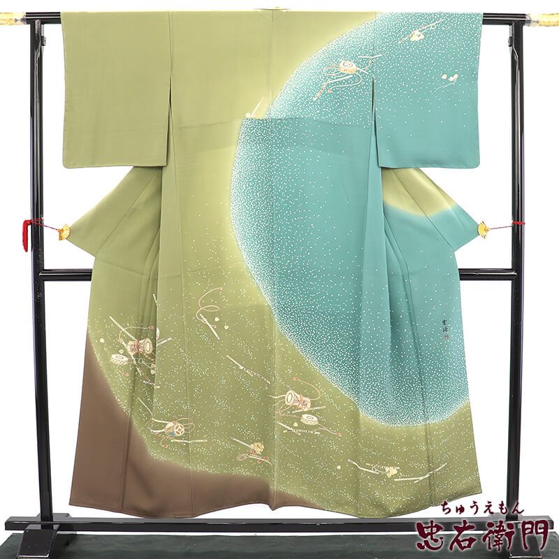 【20倍ポイント|歳末大還元祭】【中古】 訪問着 袷 レディース 正絹 灰緑 水色 楽器柄 笛 鼓 鈴 身丈155.5cm 裄丈63.5cm 仕立て上がり着物 フォーマル 小さいサイズ 小さいサイズ リサイクル着物