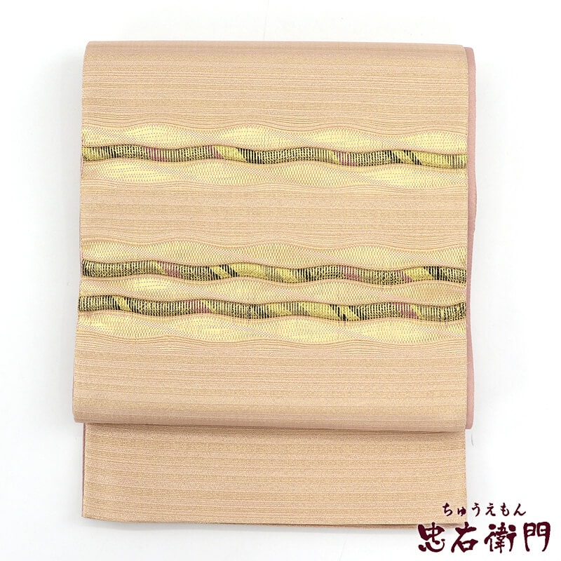 【中古】 袋帯 正絹 お太鼓柄 ピンク 金ベージュ 長さ445cm 幅31cm リサイクル 和装 礼装 フォーマル 着物 仕立て上がりリサイクル帯 即日発送