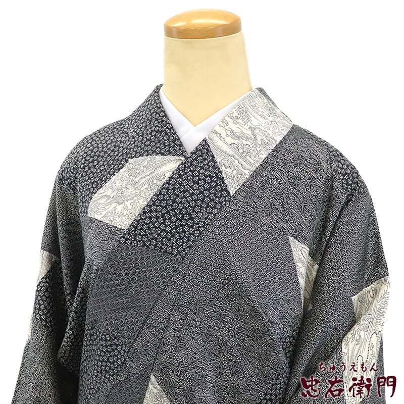 【中古】 小紋 袷 レディース 正絹 白黒 切りバメ 青海波 身丈157.5cm 裄丈64cm カジュアル Mサイズ相当 リサイクル着物 リユース着物 中古着物 即日発送