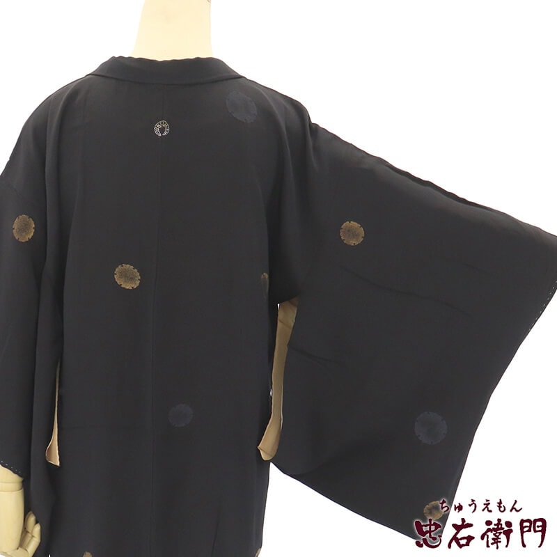 中古】 羽織 黒羽織 一つ紋 下り藤 レディース 正絹 黒 雪輪 身丈79cm