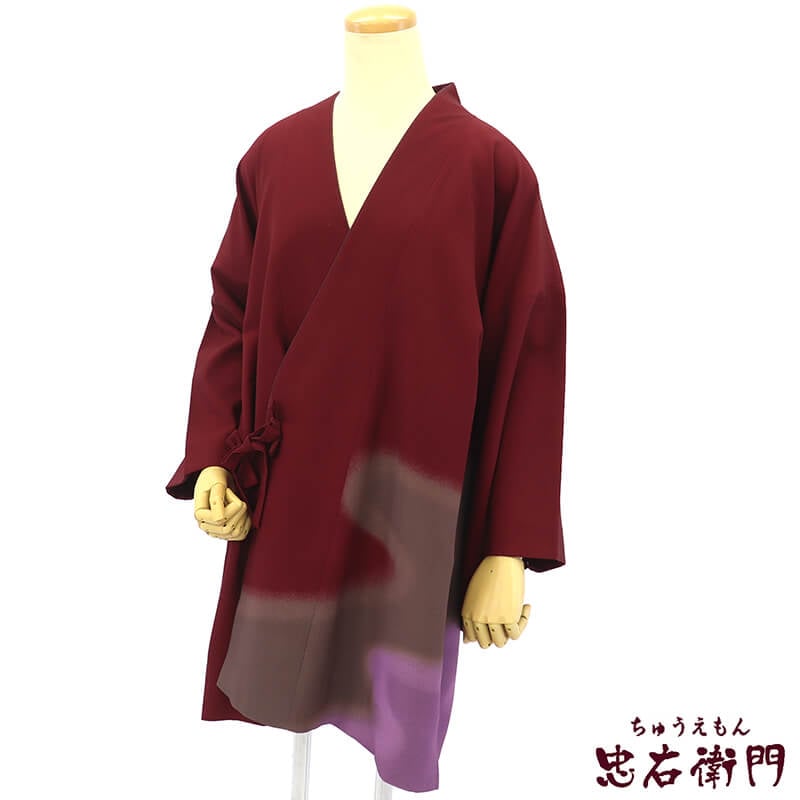 【中古】 道中着 コート レディース 化繊 臙脂 絵羽柄 ぼかし 身丈85cm 裄丈68cm 防寒 塵除け Lサイズ相当 リサイクル着物 リユース着物 中古着物 即日発送