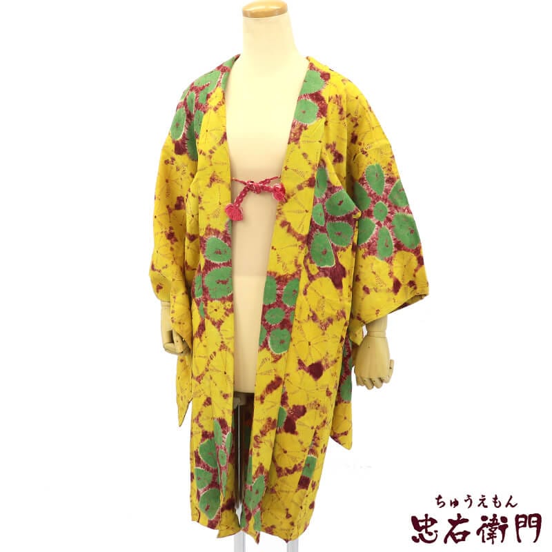 【中古】 羽織 絞り羽織 レディース 正絹 黄色 花柄 身丈100cm 裄丈61.5cm カジュアル 小さいサイズ リサイクル着物 リユース着物 中古着物 即日発送