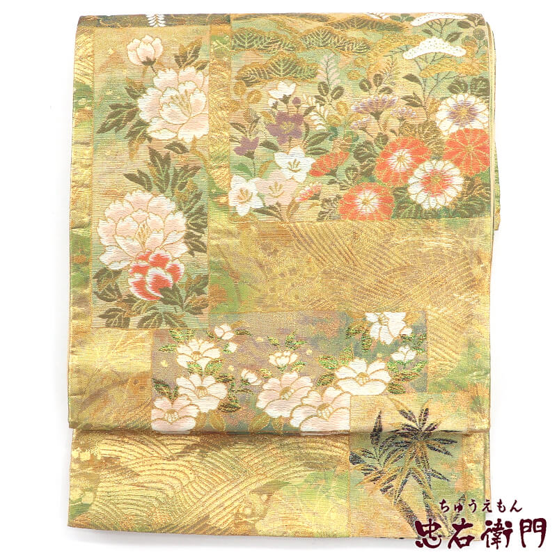【中古】 袋帯 フォーマル 正絹 六通柄 金 色紙柄 四季の花 竹 長さ426cm 幅30.5cm リサイクル 和装 礼装 フォーマル 着物 仕立て上がりリサイクル帯 即日発送