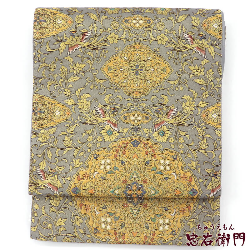 【中古】 袋帯 フォーマル 正絹 六通柄 グレー 金 華文 鳳凰 長さ9800cm 幅428cm リサイクル 和装 礼装 フォーマル 着物 仕立て上がりリサイクル帯 即日発送