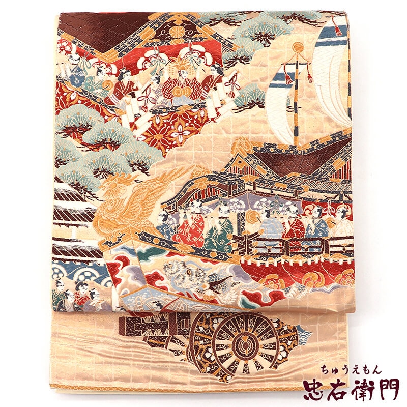 【中古】 袋帯 フォーマル 正絹 六通柄 金ベージュ 船 祭り 人物柄 長さ432cm 幅31cm リサイクル 和装 礼装 フォーマル 着物 仕立て上がりリサイクル帯 即日発送