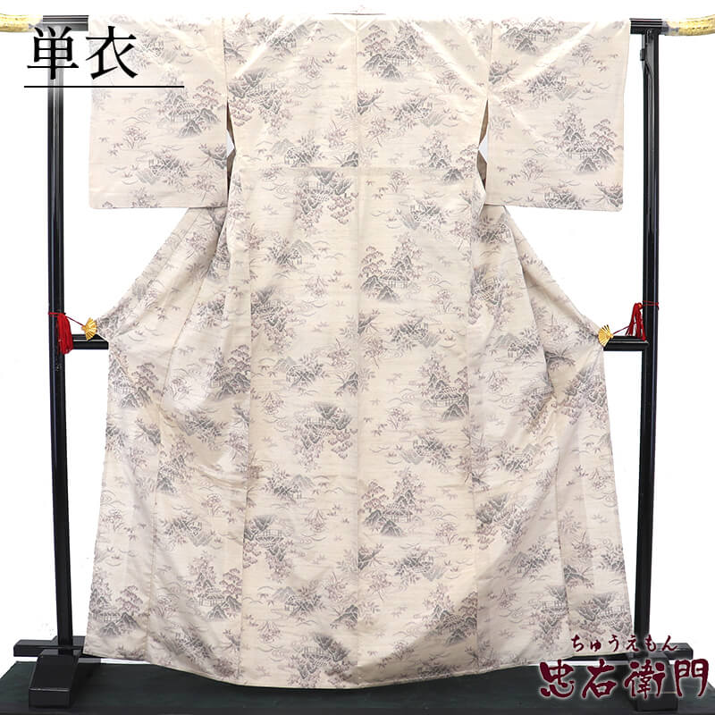 【中古】 単衣着物 紬 レディース 正絹 ベージュ 風景柄 身丈169cm 裄丈66.5cm カジュアル M〜Lサイズ相当 リサイクル着物 リユース着物 中古着物 即日発送