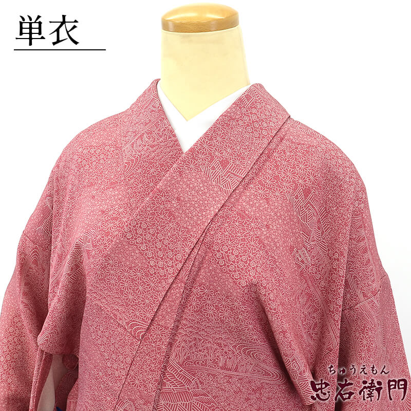 【中古】 単衣着物 小紋 レディース 正絹 桃赤 江戸小紋 流水 風景柄 身丈165cm 裄丈65cm カジュアル M〜Lサイズ相当 リサイクル着物 リユース着物 中古着物 即日発送