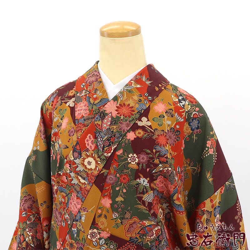 ワインレッド 小紋 着物袷 中古】 小紋 小紋着物 袷 レディース 正絹 朱 臙脂 緑 蝶 笹 華やか 和