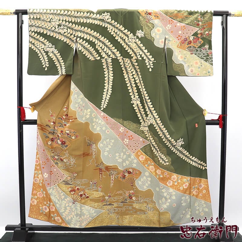 中古】 付下げ 慶彩小袖 袷 レディース 正絹 灰緑 ベージュ 熨斗文