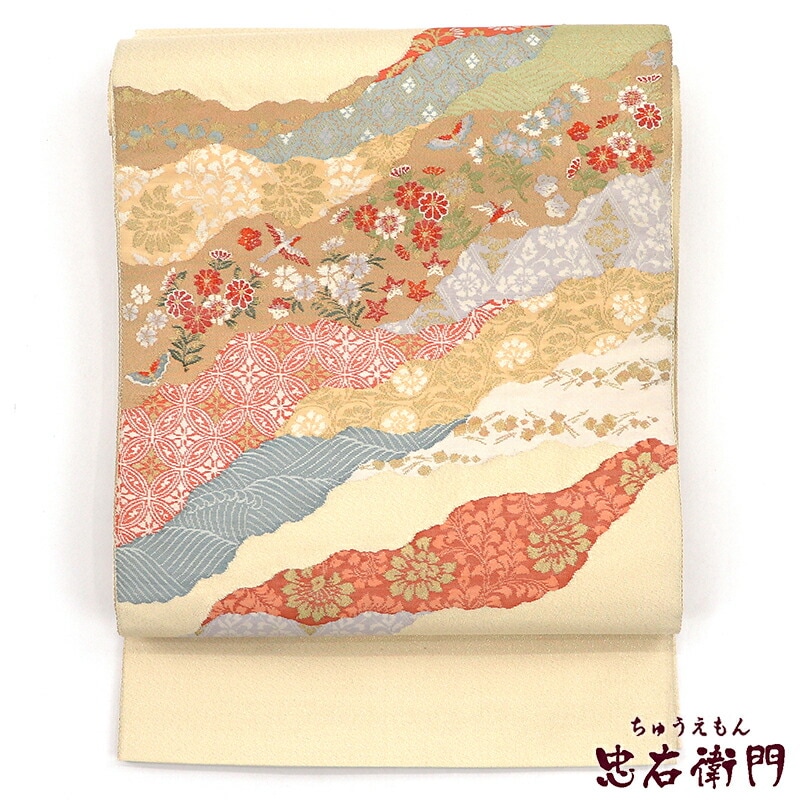 【中古】 袋帯 綴れ風 正絹 お太鼓柄 ベージュ 花鳥 長さ433cm 幅31.5cm リサイクル 和装 礼装 フォーマル 着物 仕立て上がりリサイクル帯 送料無料 即日発送