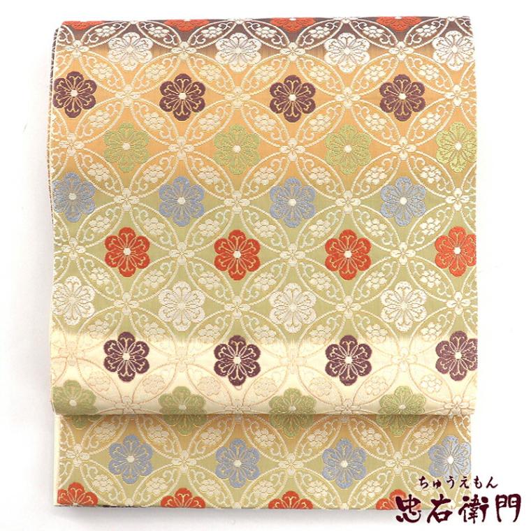 【中古】 袋帯 正絹 六通柄 オフ白 七宝 長さ439cm 幅31cm リサイクル 和装 礼装 フォーマル 着物 仕立て上がりリサイクル帯 送料無料 即日発送