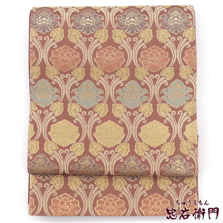 【中古】 袋帯 正絹 六通柄 小豆色 立桶牡丹 長さ433cm 幅31cm リサイクル 和装 礼装 フォーマル 着物 仕立て上がりリサイクル帯 即日発送