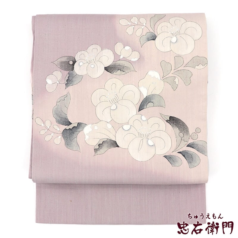 中古】 名古屋帯 正絹 九寸帯 お太鼓柄 薄紫 辻が花 紬 長さ363cm 幅