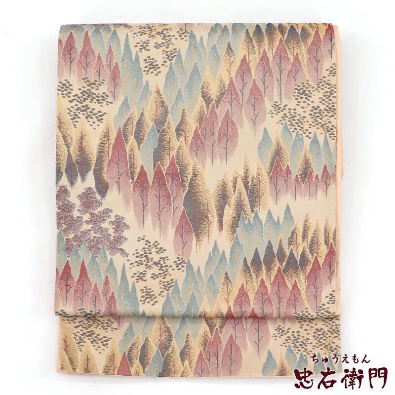 【中古】 袋帯 おしゃれ袋帯 リサイクル レディース 正絹 ベージュ 風景柄 森 長さ440cm 幅31cm 仕立て上がり帯 リサイクル帯 あす楽対応