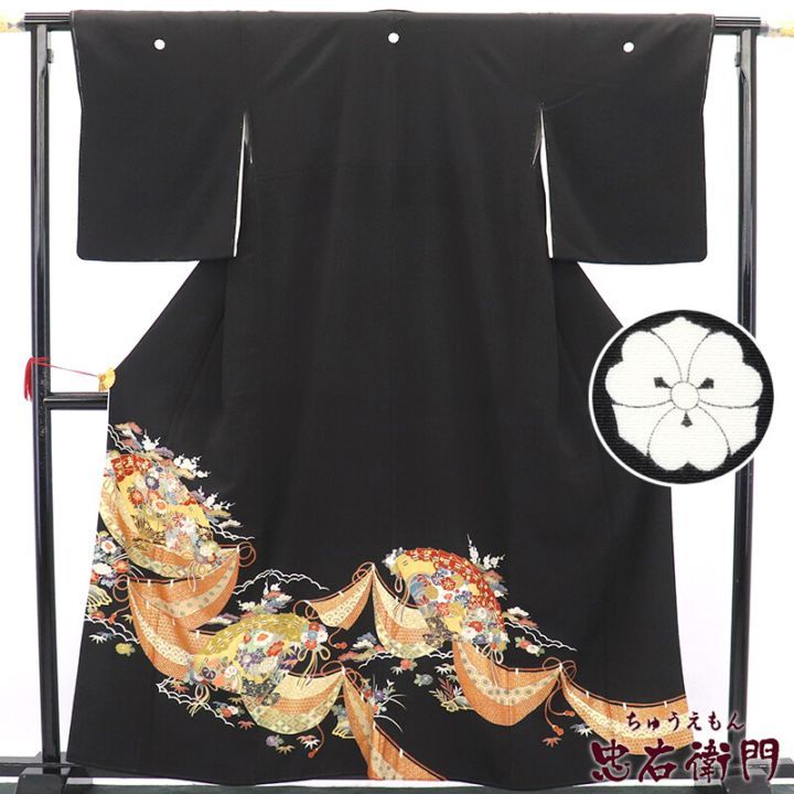 【中古】 黒留袖 留袖 袷 レディース 正絹 黒 扇 金駒刺繍 剣片喰 身丈162.5cm 裄丈65.5cm 結婚式 式典 M〜Lサイズ相当 リサイクル着物 リユース着物 中古着物 即日発送