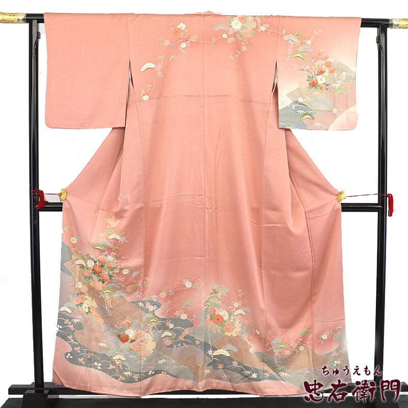 【中古】 訪問着 フォーマル 袷 レディース 正絹 ピンク 部分絞り 松 花筏 豪華 身丈162cm 裄丈66cm 結婚式 パーティ 入学式 卒業式 七五三 M〜Lサイズ相当 リサイクル着物 リユース着物 中古着物 送料無料 即日発送