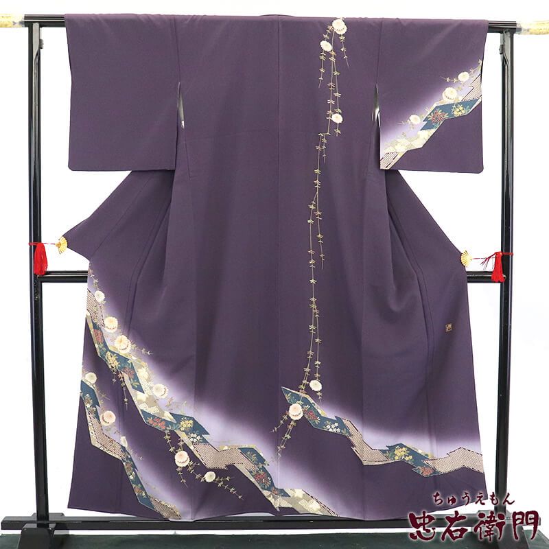 【中古】 訪問着 フォーマル 袷 レディース 正絹 紫 小粋 鹿の子 菊 落款 身丈158.5cm 裄丈64.5cm 結婚式 パーティ 観劇 Mサイズ相当 リサイクル着物 リユース着物 中古着物 送料無料 即日発送