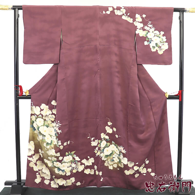【中古】 訪問着 フォーマル 袷 レディース 正絹 紫 レトロ モダン 椿 菊 身丈165cm 裄丈66cm 結婚式 パーティ 観劇 M〜Lサイズ相当 リサイクル着物 リユース着物 中古着物 送料無料 即日発送