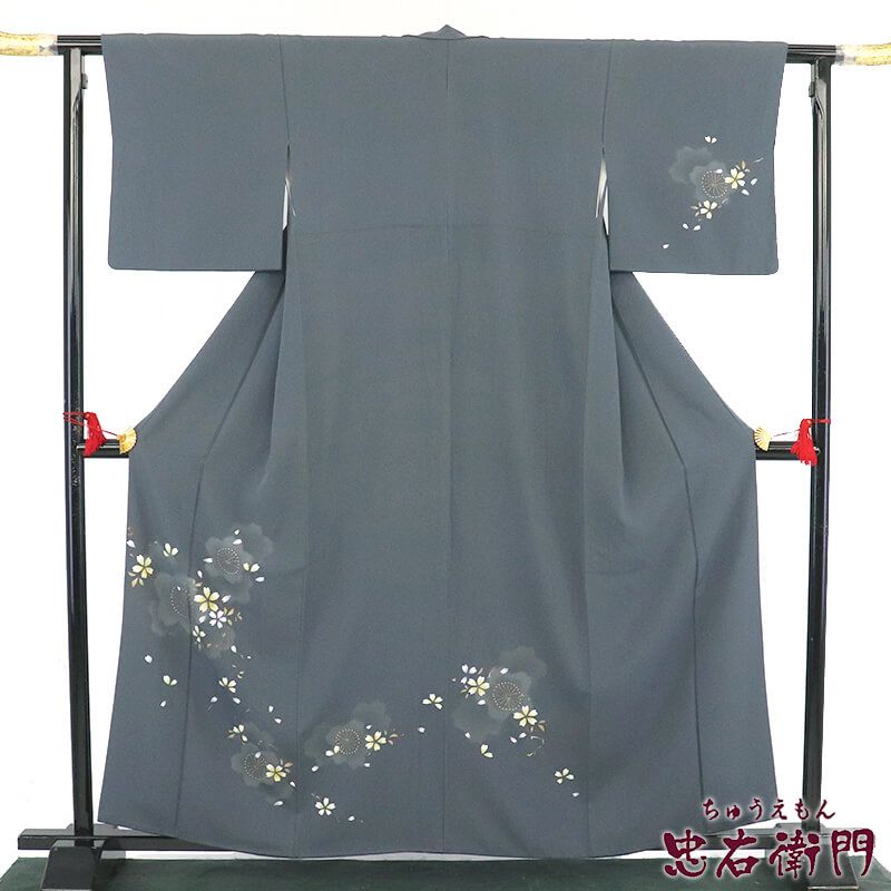 【中古】 訪問着 フォーマル 袷 レディース 正絹 濃グレー 桜 モダン お洒落 身丈162.5cm 裄丈66cm 観劇 パーティ M〜Lサイズ相当 リサイクル着物 リユース着物 中古着物 送料無料 即日発送