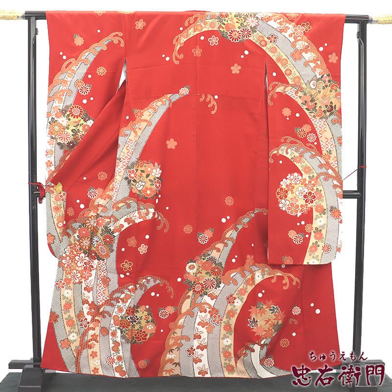 ち★美品★ 振袖&長襦袢セット　正絹　織柄無地　花紋刺繍　身丈162センチ 中古】 振袖 長襦袢 2点 セット 成人式 晴れ着 正絹 赤 伝統文様 波頭