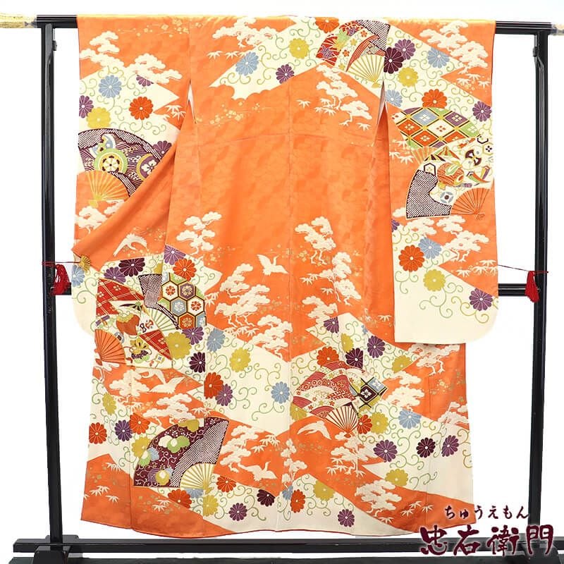 【中古】 振袖 長襦袢 2点 セット 成人式 晴れ着 正絹 橙 扇 松皮菱 菊唐草 身丈157cm 裄丈62.5cm Sサイズ相当 リサイクル着物 リユース着物 中古着物 即日発送