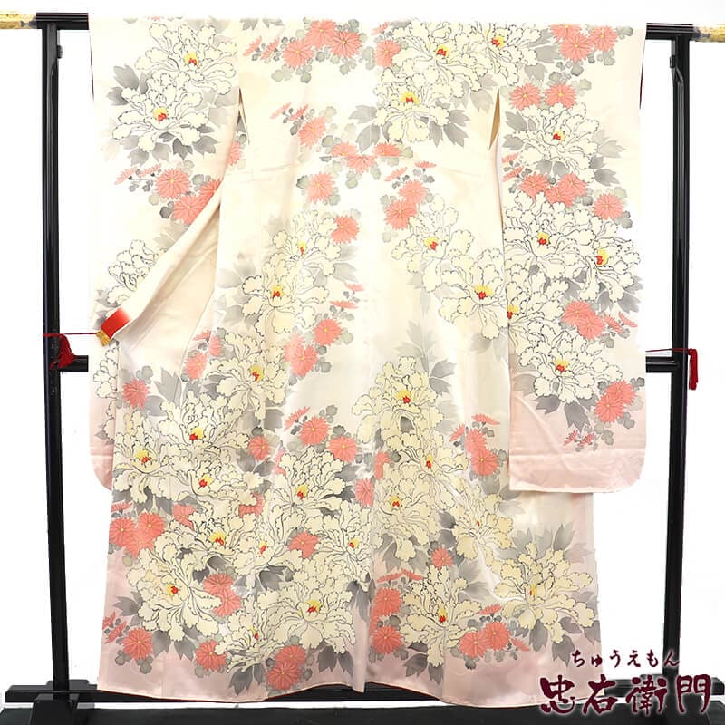 中古】 振袖 長襦袢 2点 セット 成人式 晴れ着 正絹 白 牡丹 モダン