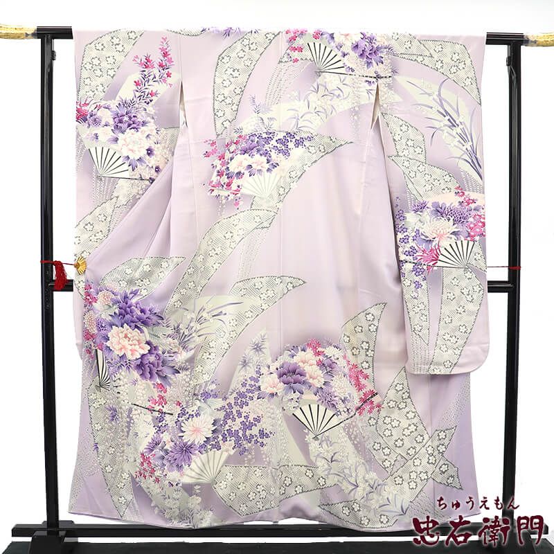 【中古】 振袖 長襦袢 2点 セット 成人式 晴れ着 正絹 薄紫 扇 牡丹 菊 身丈160cm 裄丈64.5cm Mサイズ相当 リサイクル着物 リユース着物 中古着物 即日発送