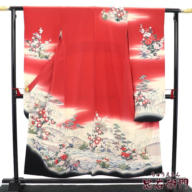 【中古】 振袖 長襦袢 2点 セット 成人式 晴れ着 正絹 薄赤 伝統文様 風景柄 身丈156.5cm 裄丈63cm Sサイズ相当 リサイクル着物 リユース着物 中古着物 即日発送