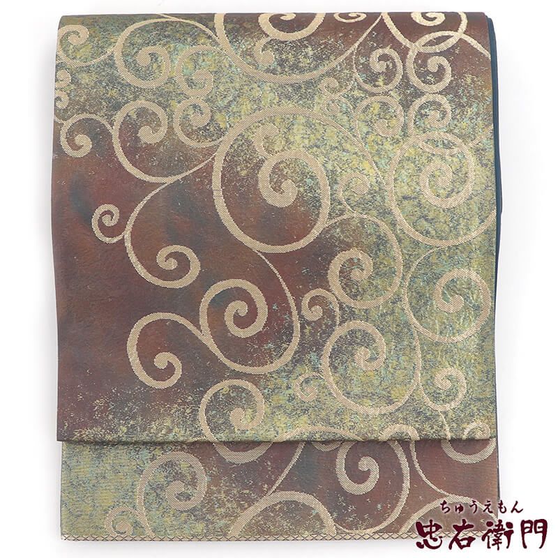 【中古】 袋帯 フォーマル 正絹 六通柄 緑 臙脂 箔地 唐草 モダン 長さ436cm 幅31cm リサイクル 和装 着物 仕立て上がりリサイクル帯 送料無料 即日発送