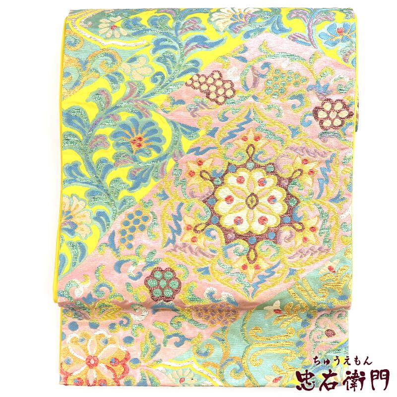 【中古】 袋帯 フォーマル 正絹 六通柄 黄色 華文 花唐草 豪華 モダン 長さ430cm 幅31cm リサイクル 和装 着物 仕立て上がりリサイクル帯 送料無料 即日発送