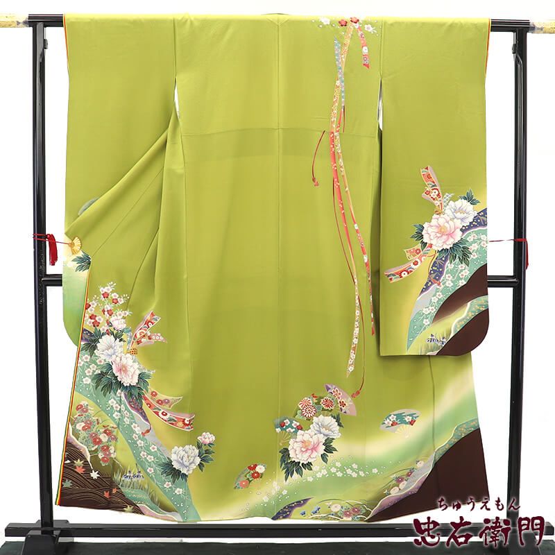 5191 振袖単品　桂由美 正絹 黃緑若草色 成人式結婚式卒業式　桜 ちりめん 5191 振袖単品桂由美正絹黃緑若草色成人式結婚式卒業式桜ちりめん