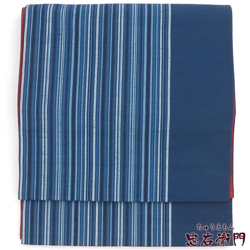 中古】 袋帯 お洒落用 おしゃれ袋帯 正絹 全通柄 紺 縞柄 長さ416cm 幅