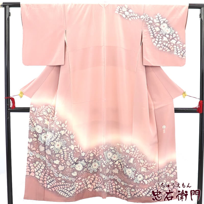 中古】 訪問着 翠山工房 袷 レディース 正絹 灰桃 辻が花 身丈151cm 裄