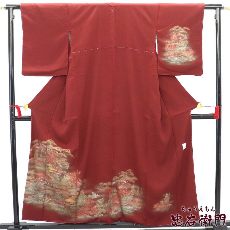 中古】 訪問着 一つ紋「剣片喰」 落款 袷 レディース 正絹 赤 金彩