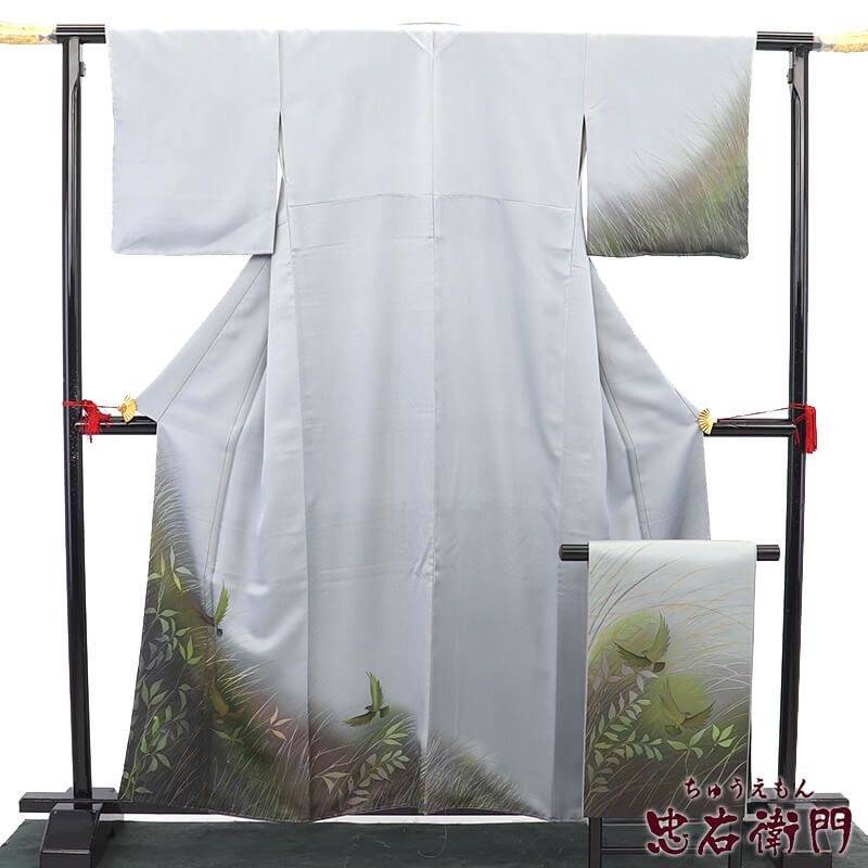 中古】 斉藤三才 付下げ 袋帯 2点セット 袷 レディース 正絹 グレー 鳥