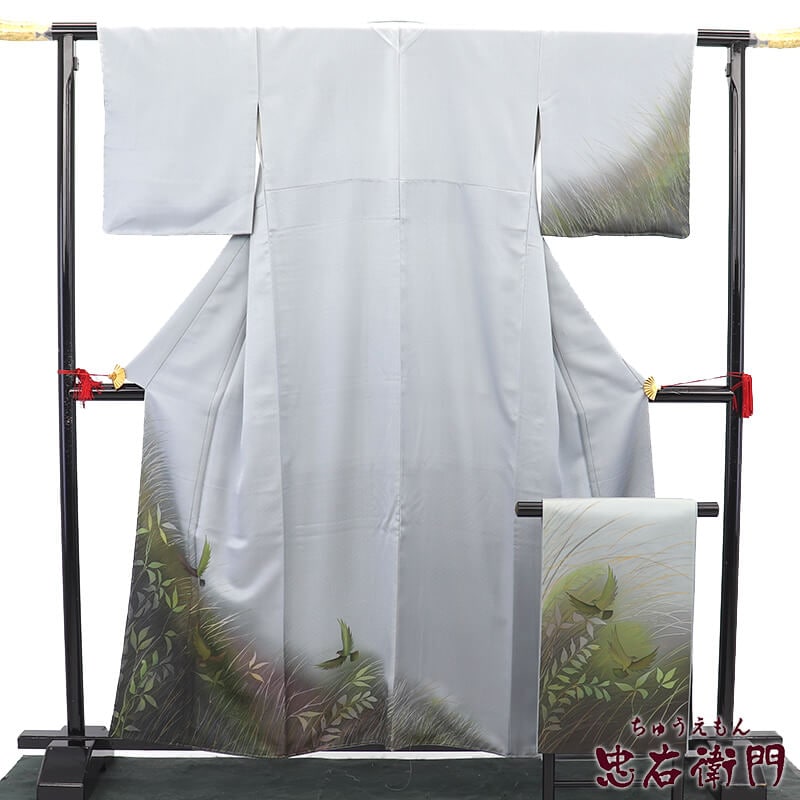 中古】 斉藤三才 付下げ 袋帯 2点セット 袷 レディース 正絹 グレー 鳥